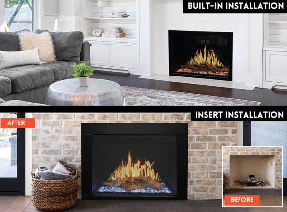 modern flame fireplace installation